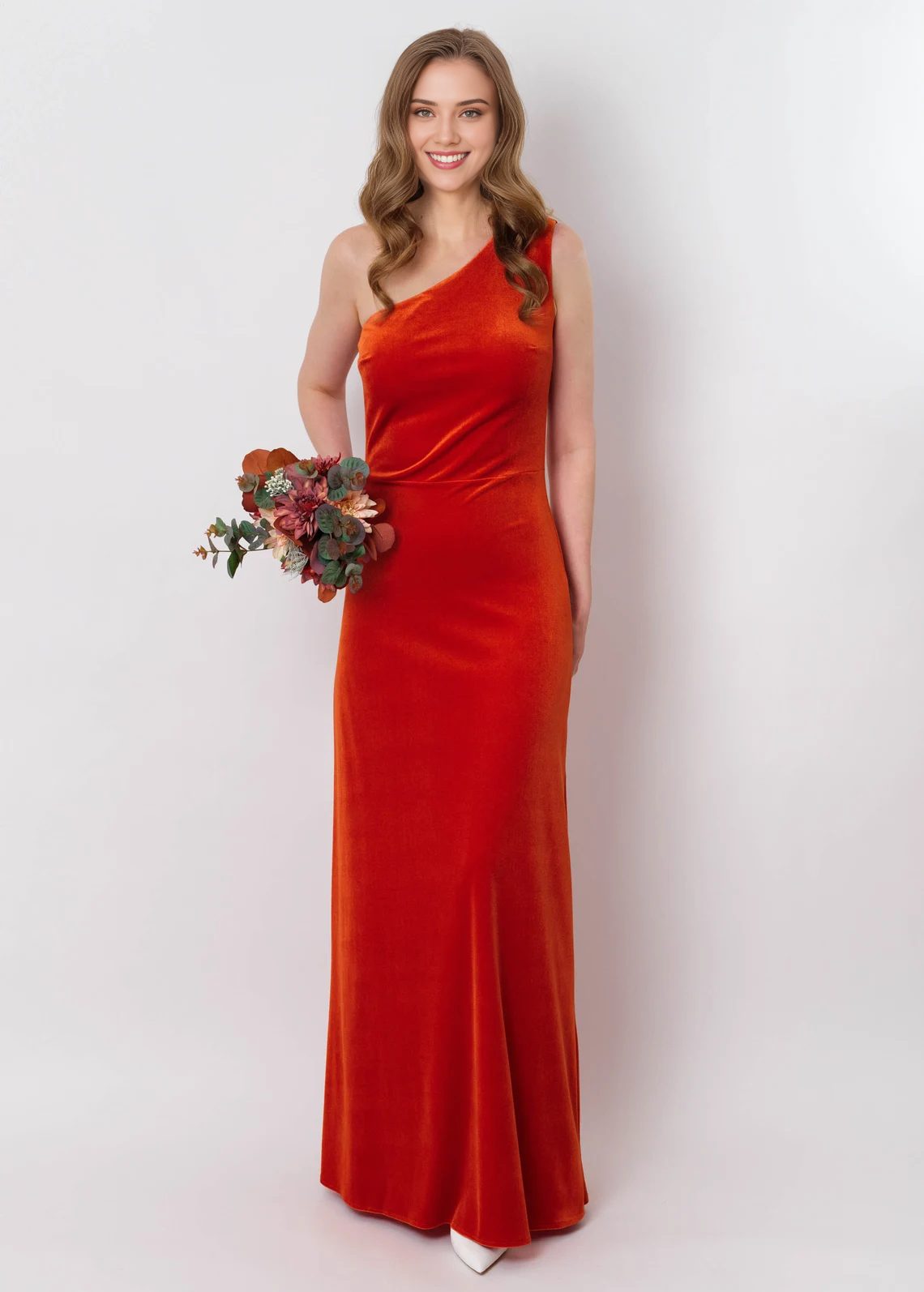 Vestido largo de terciopelo color naranja óxido, sin mangas, con un hombro al descubierto, con aberturas, para dama de honor, para invitada de boda y de noche.